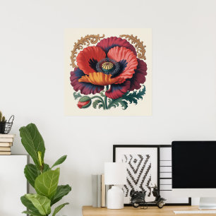 Poster Illustration Florale Vintage Ornée aux Coquelicots