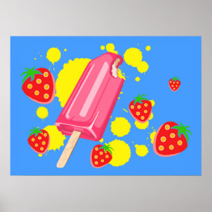 Poster Illustration Fun Pink Popsicle and Strawberries