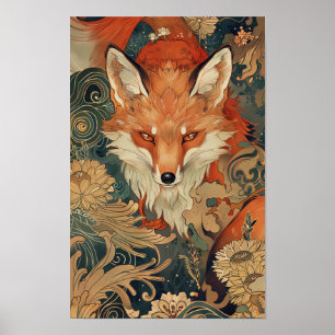 Poster Illustration Kitsune de renard japonais dans Mucha