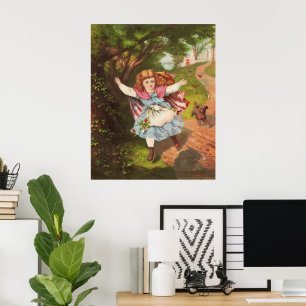 Poster Illustration lithographique d'une petite fille et