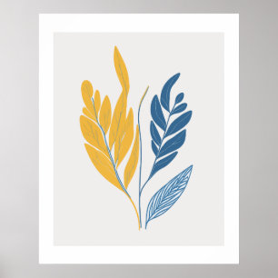 Poster Illustration minimaliste Feuille en bleu et jaune