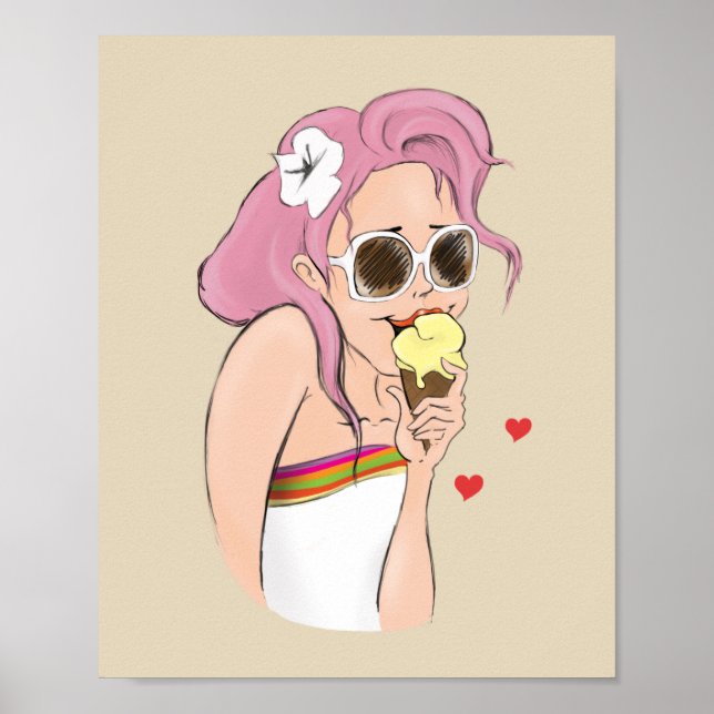 Poster Illustration Mode été fille glace crème (Devant)
