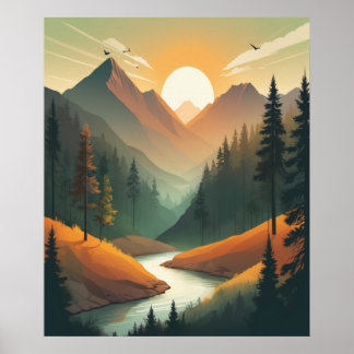 Poster Illustration Mountain Sunrise : Paysage détaillé