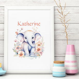 Poster Illustration Personnalisée Mignonne d'un Éléphant 