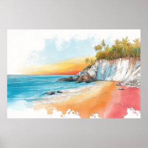 Poster Illustration Plage Plage Seacoast Dessin couleur P