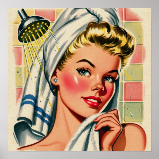 Poster Illustration Retro Cute Shower Girl (Devant)