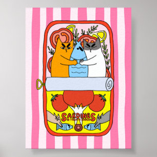 Poster Illustration Rétro de Chat Sardine Rose Cuisine