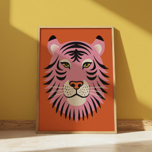 Poster Illustration Rétro de Grand Chat Tigre Rose et Ora