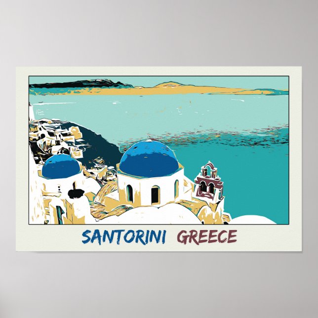 Poster Illustration Santorin, Carte postale Grèce (Devant)