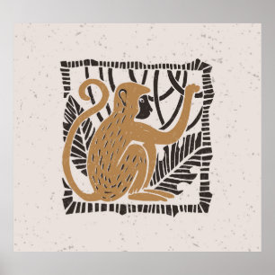 Poster Illustration Stylisée Linocut Singe