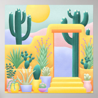 Poster Illustration Sunny Cactus Garden Paysage du désert