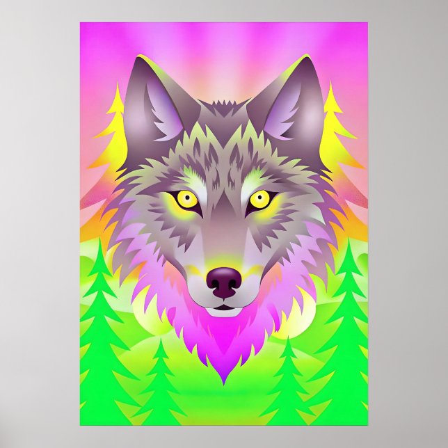Poster Illustration vibrante du loup avec les arbres Abst (Devant)