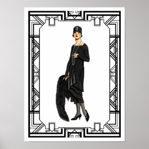 Poster Illustration Vintage de Black and White Flapper