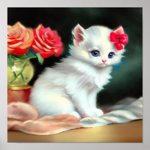 Poster Illustration vintage de Kitten blanc avec fleurs r