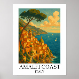 Poster Illustration vintage de la côte d'Amalfi en Italie