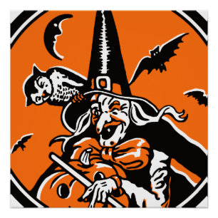 Poster Illustration Vintage de la sorcière d'Halloween et