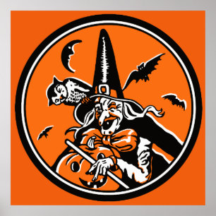 Poster Illustration vintage de sorcière et de hibou de