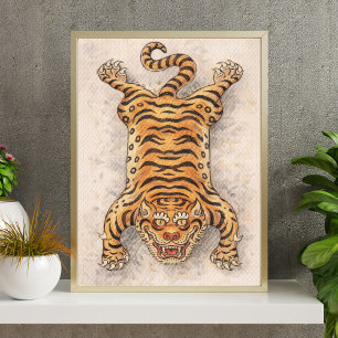 Poster Illustration vintage de tigre   Art traditionnel d
