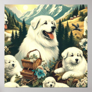 Poster Illustration vintage des chiens des Grands Pyrénée