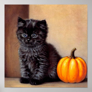 Poster Illustration vintage Halloween Black Kitten