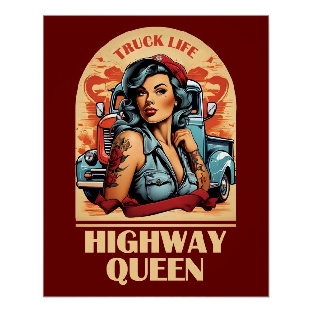 Poster Illustration Vintage Highway Queen - Camionnette (Devant)