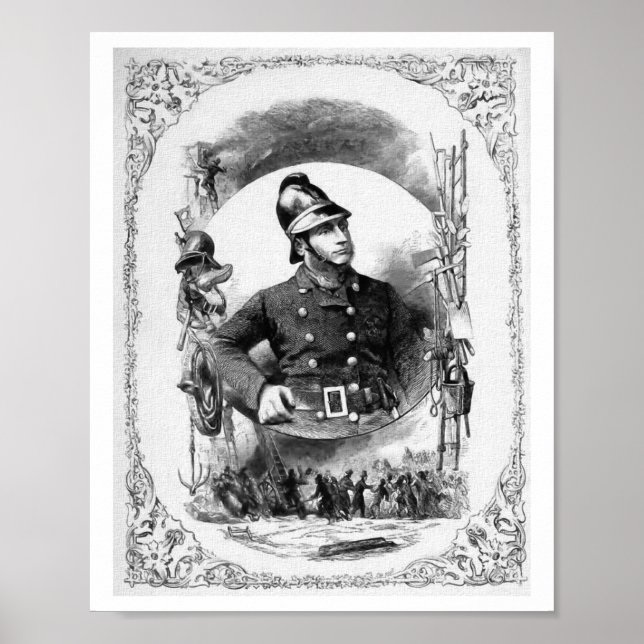 Poster Illustration Vintage "pompier/pompier". (Devant)