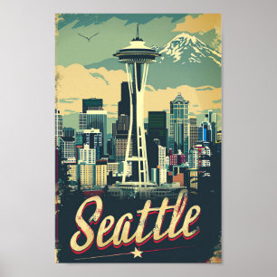 Poster Illustration Vintage voyage de Seattle Washington