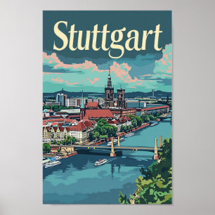Poster Illustration Vintage voyage de Stuttgart Allemagne