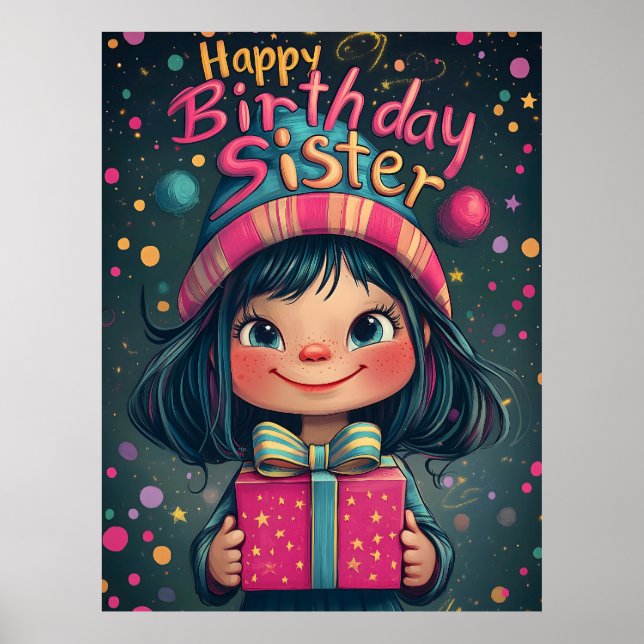 Poster Illustration Whimsical Happy Birthday Sister (Devant)