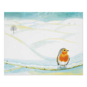 Poster Illustration White Winter Landscape Avec Robin