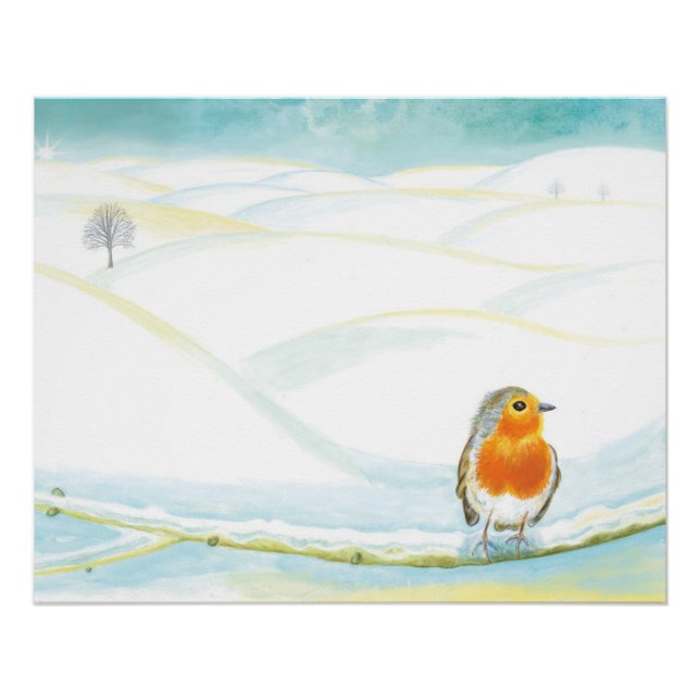Poster Illustration White Winter Landscape Avec Robin (Devant)