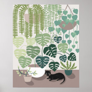 Poster illustré d'un chat Plante moderne vert inté