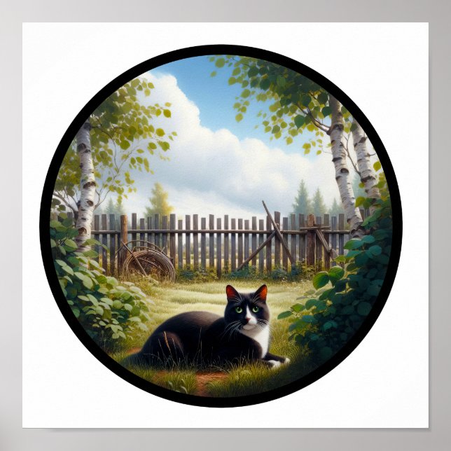 Poster Image 3D circulaire d'un beau chat Tuxedo (Devant)