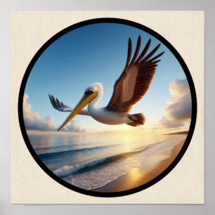 Poster Image 3D circulaire d'un beau pélican Brown