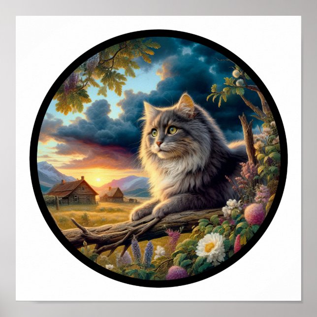 Poster Image 3D circulaire d'un chat Longhair domestique (Devant)
