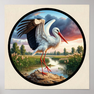 Poster Image 3D circulaire d'une belle cigogne blanche