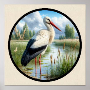 Poster Image 3D circulaire d'une belle cigogne blanche