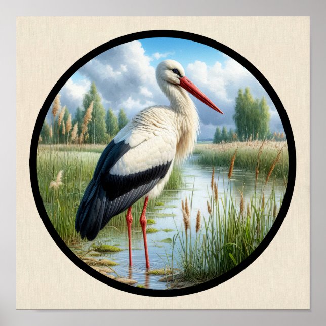 Poster Image 3D circulaire d'une belle cigogne blanche (Devant)