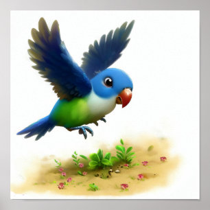 Poster Image 3D d'un perroquet à couronne bleue