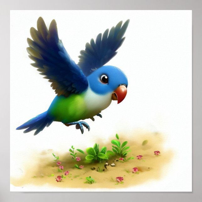 Poster Image 3D d'un perroquet à couronne bleue (Devant)