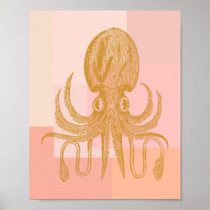 Poster Image de pieuvre mignonne en rose et or Vintage