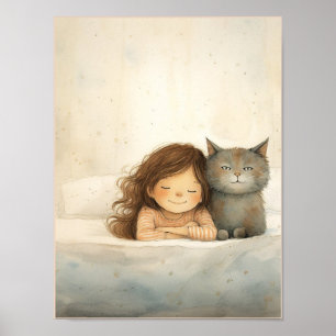 Poster Image mignonne de petite fille et chat