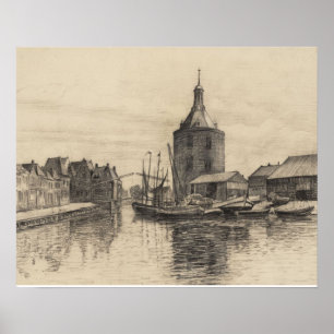 Poster Image vintage, croquis de crayon, port d'Enkhuizen