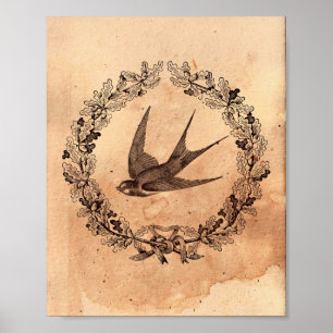 Poster Image vintage Oiseau Cadre avale Tea Papier taché