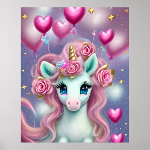 Poster Imaginaire Bébé blanc licorne avec Coeurs roses