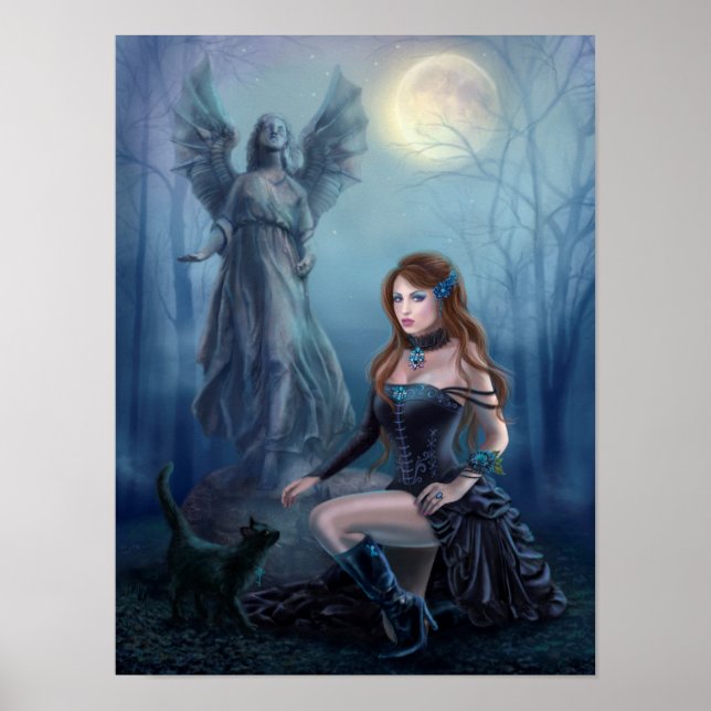 Poster Imaginaire belle femme avec chat noir (Devant)