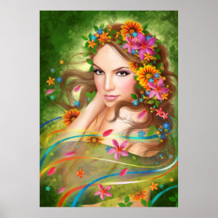 Poster Imaginaire Belle femme fée avec fleurs