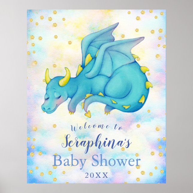 Poster Imaginaire Boys Blue Dragon Baby shower Bienvenue (Devant)