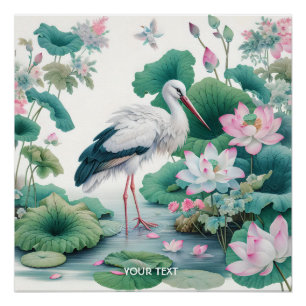 Poster Imaginaire Cute Stork Flowers Lac