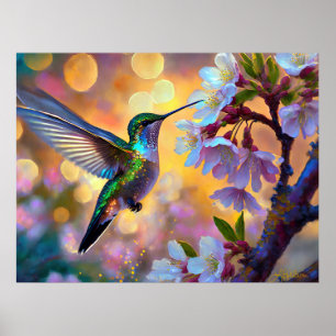 Poster Imaginaire de cerisier en fleurs Hummingbird